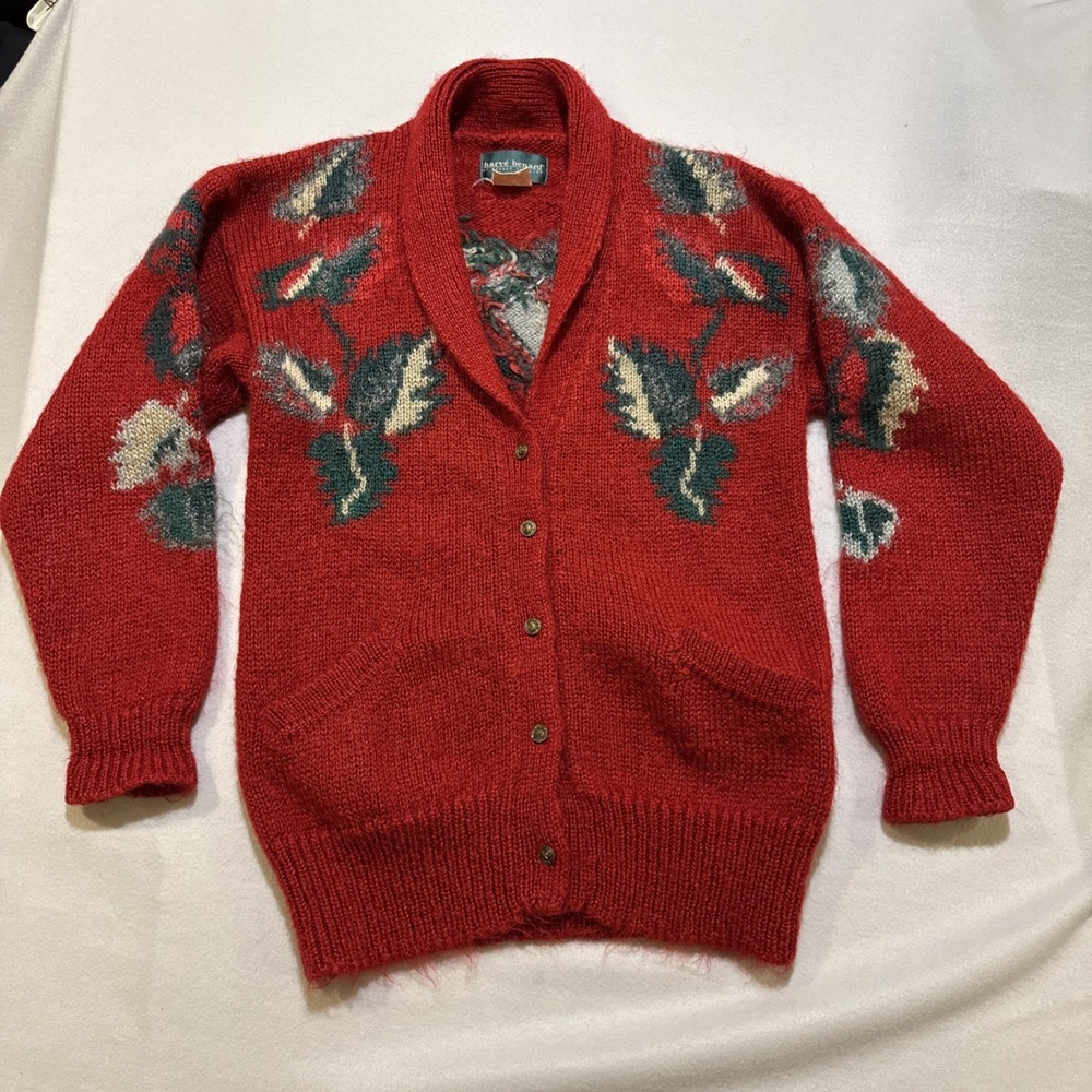 Harve Benard Vintage Women Sweater Mohair Pocket Cardigan Floral Red Sz L